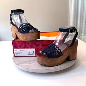 Tory Burch Women's May Lancaster Boho Blue Suede Platform Sandals US Size 6.5 M